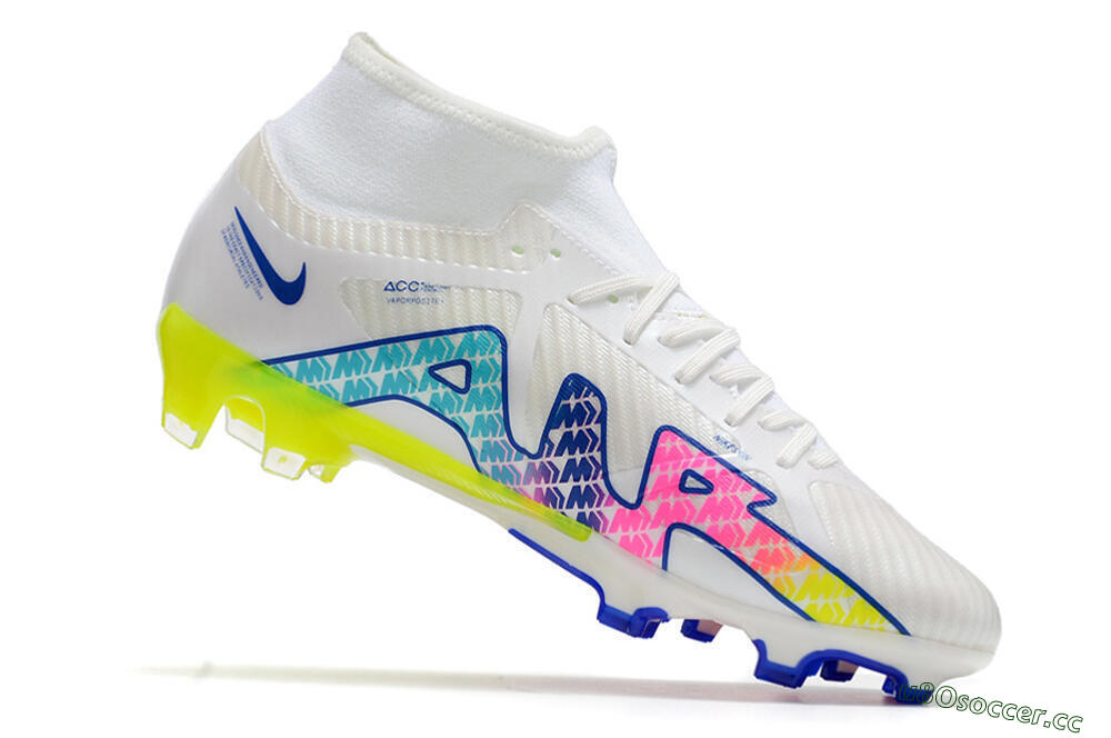 Men's Nike Air Zoom Mercurial Superfly 9 Elite FG Firm Ground High-Tops Football Boots - White/Pink/Blue 4