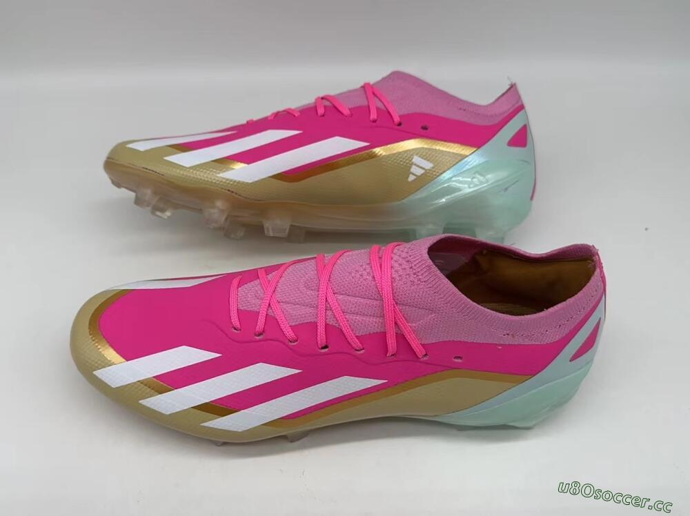 Men's Adidas X Crazyfast+ Laceless FG Firm Ground Low-Tops Football Boots - Pink/White/Gold/Jade