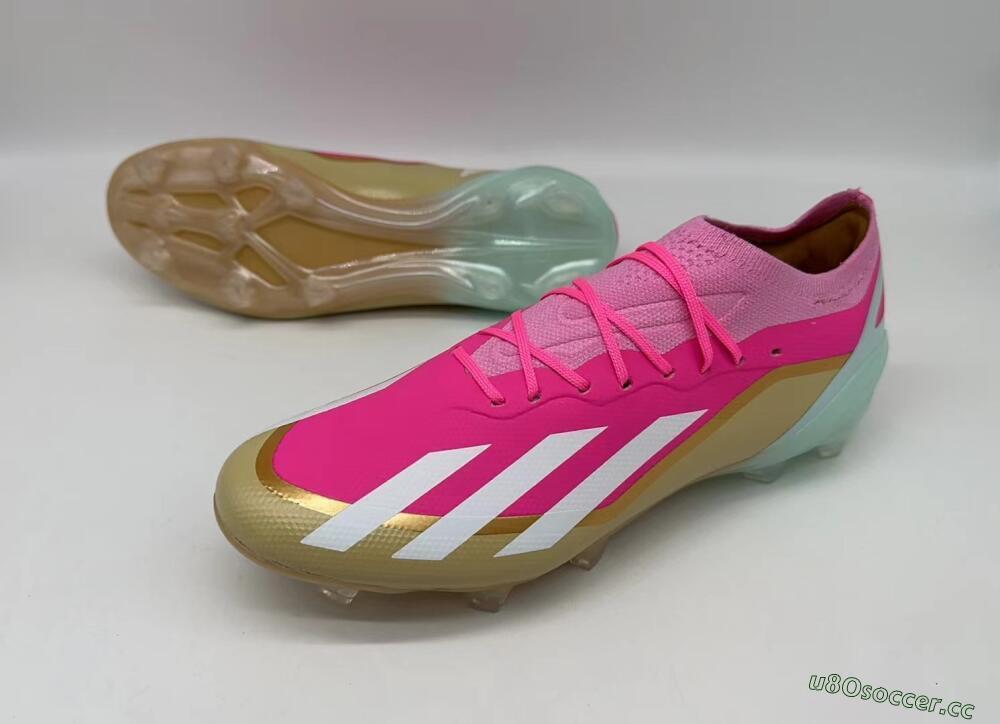 Men's Adidas X Crazyfast+ Laceless FG Firm Ground Low-Tops Football Boots - Pink/White/Gold/Jade
