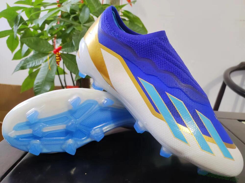 Men's Adidas X Crazyfast.1 Laceless FG Firm Ground Low-Tops Football Boots - Blue/White/Gold