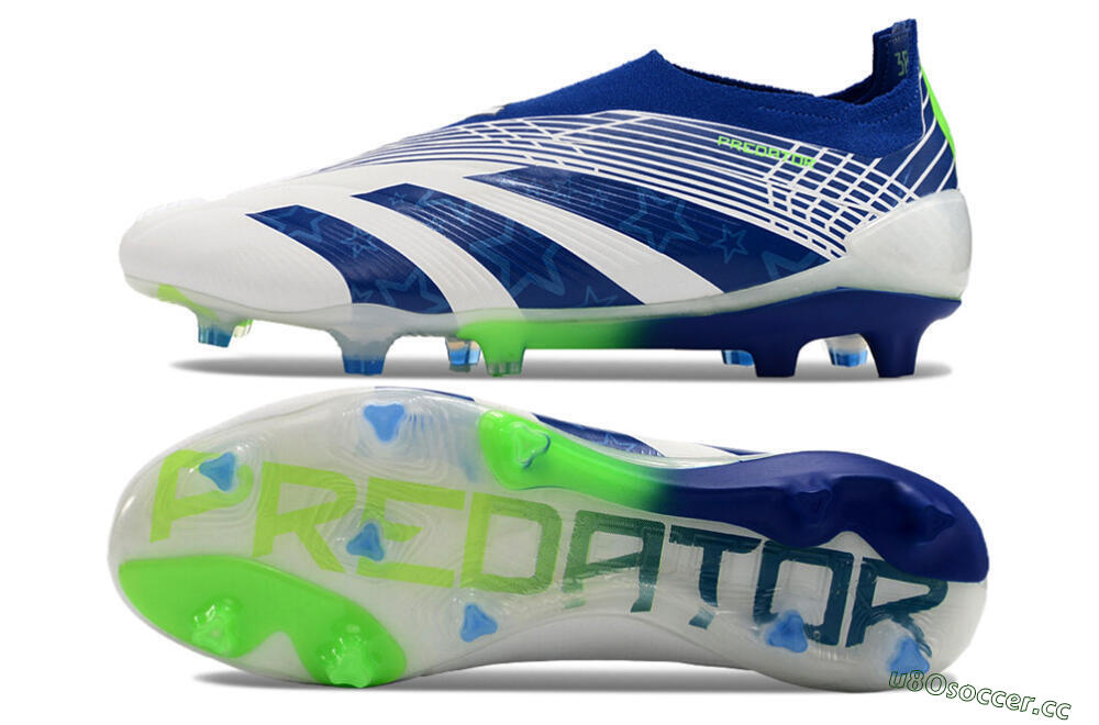 Men's Adidas Predator+ 24 Elite Laceless FG Firm Ground Low-Tops Football Boots - White/Blue/Yellow 1