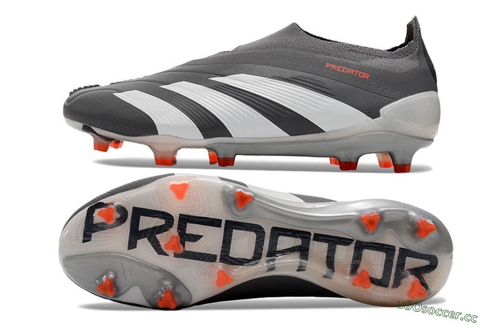 Men's Adidas Predator+ 24 Elite Laceless FG Firm Ground Low-Tops Football Boots - Grey/White/Orange 1