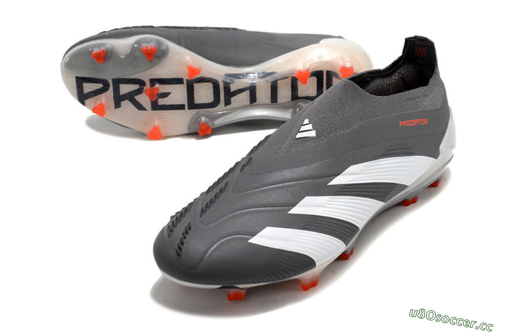 Men's Adidas Predator+ 24 Elite Laceless FG Firm Ground Low-Tops Football Boots - Grey/White/Orange 3
