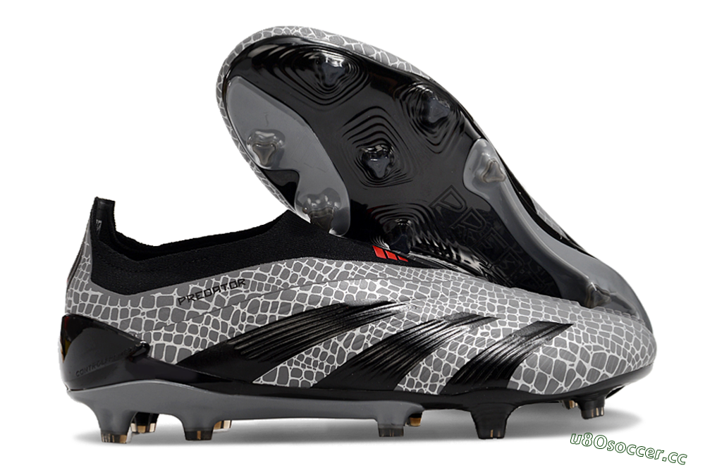 Men's Adidas Predator+ 24 Elite Laceless FG Firm Ground Low-Tops Football Boots - Grey/Black/Red 2