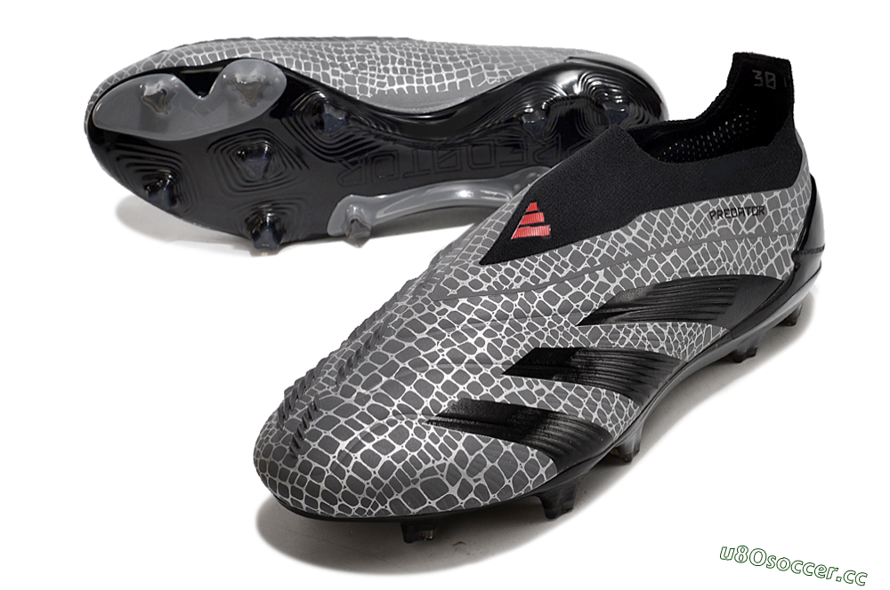 Men's Adidas Predator+ 24 Elite Laceless FG Firm Ground Low-Tops Football Boots - Grey/Black/Red 3