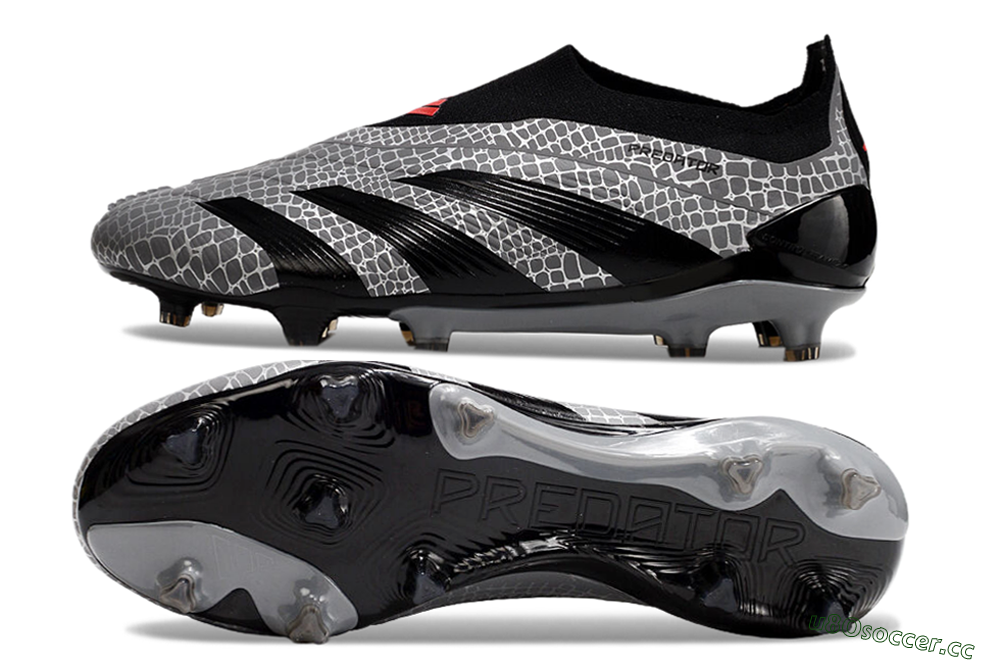 Men's Adidas Predator+ 24 Elite Laceless FG Firm Ground Low-Tops Football Boots - Grey/Black/Red 1