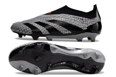 Men's Adidas Predator+ 24 Elite Laceless FG Firm Ground Low-Tops Football Boots - Grey/Black/Red