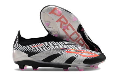 Men's Adidas Predator+ 24 Elite Laceless FG Firm Ground Low-Tops Football Boots - White/Black/Silver