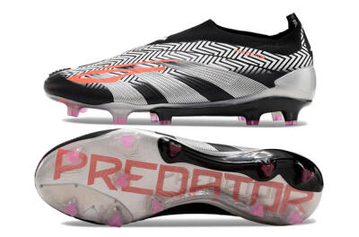 Men's Adidas Predator+ 24 Elite Laceless FG Firm Ground Low-Tops Football Boots - White/Black/Silver