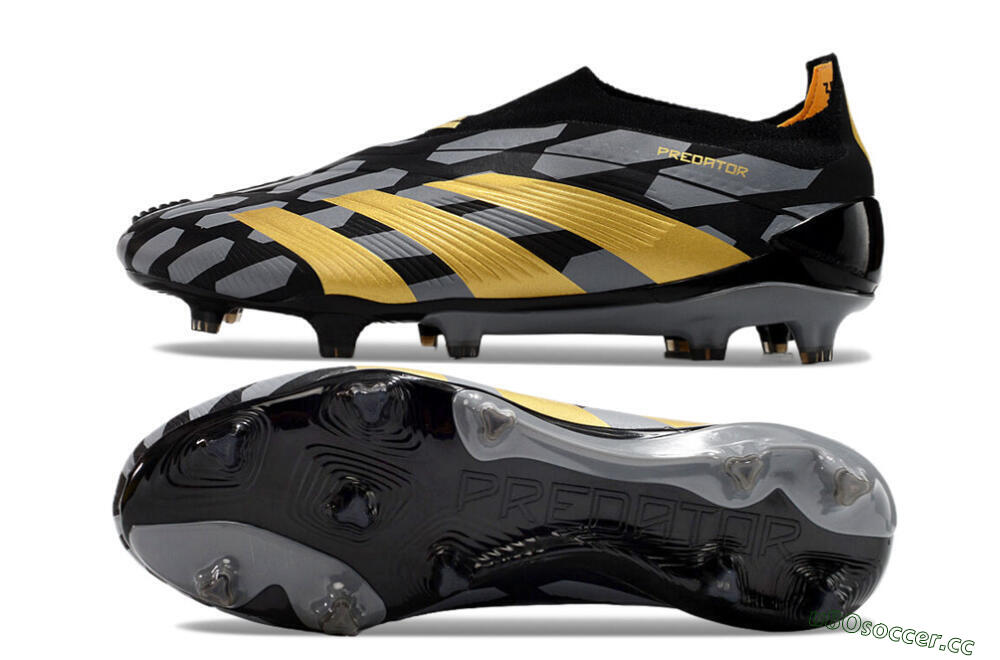 Men's Adidas Predator+ 24 Elite Laceless FG Firm Ground Low-Tops Football Boots - Grey/Black/Gold 1