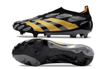 Men's Adidas Predator+ 24 Elite Laceless FG Firm Ground Low-Tops Football Boots - Grey/Black/Gold