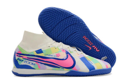 Men's Nike Air Zoom Mercurial Superfly 9 Elite IC Indoor & Futsal High-Tops Football Shoes - White/Blue/Pink/Yellow