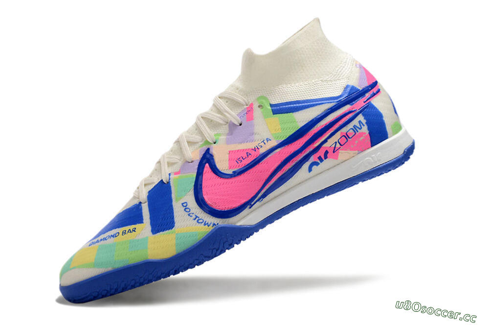 Men's Nike Air Zoom Mercurial Superfly 9 Elite IC Indoor & Futsal High-Tops Football Shoes - White/Blue/Pink/Yellow 5