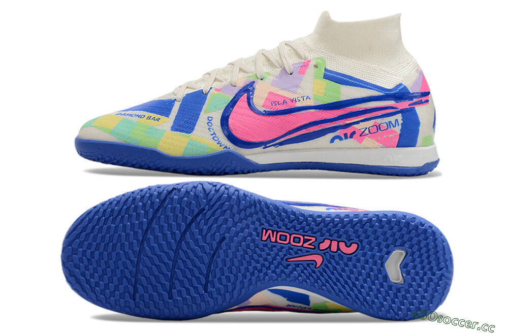 Men's Nike Air Zoom Mercurial Superfly 9 Elite IC Indoor & Futsal High-Tops Football Shoes - White/Blue/Pink/Yellow 1
