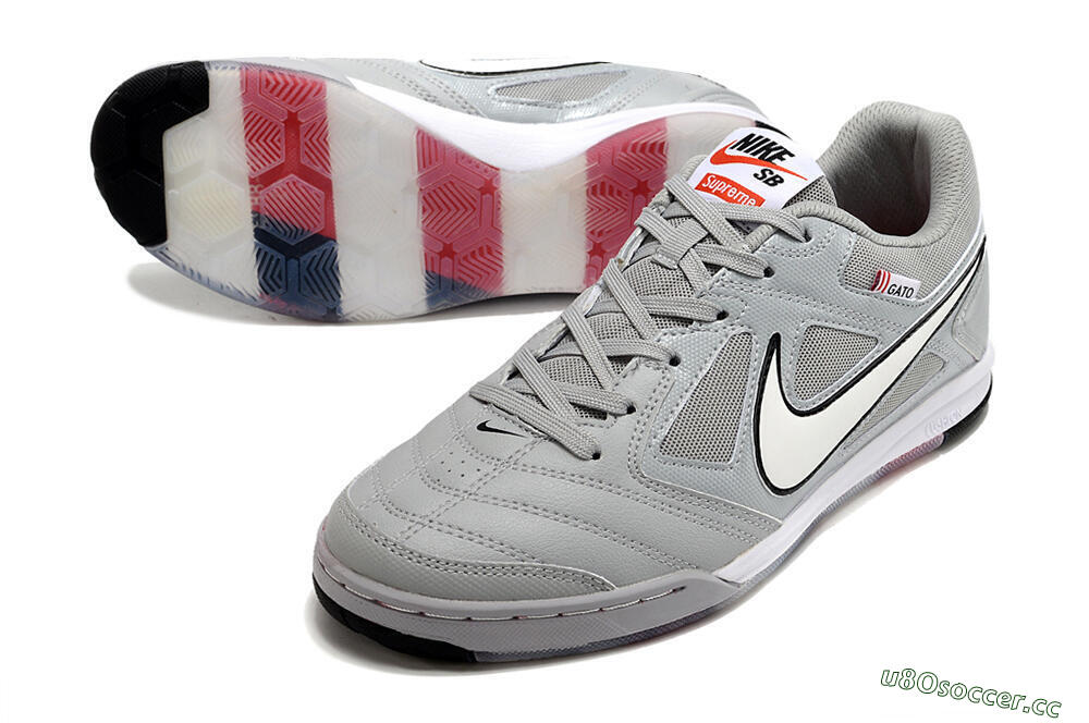 Men's Supre x Nike SB Gato IC Indoor & Futsal Low-Tops Football Shoes - Grey/White/Red/Black 3