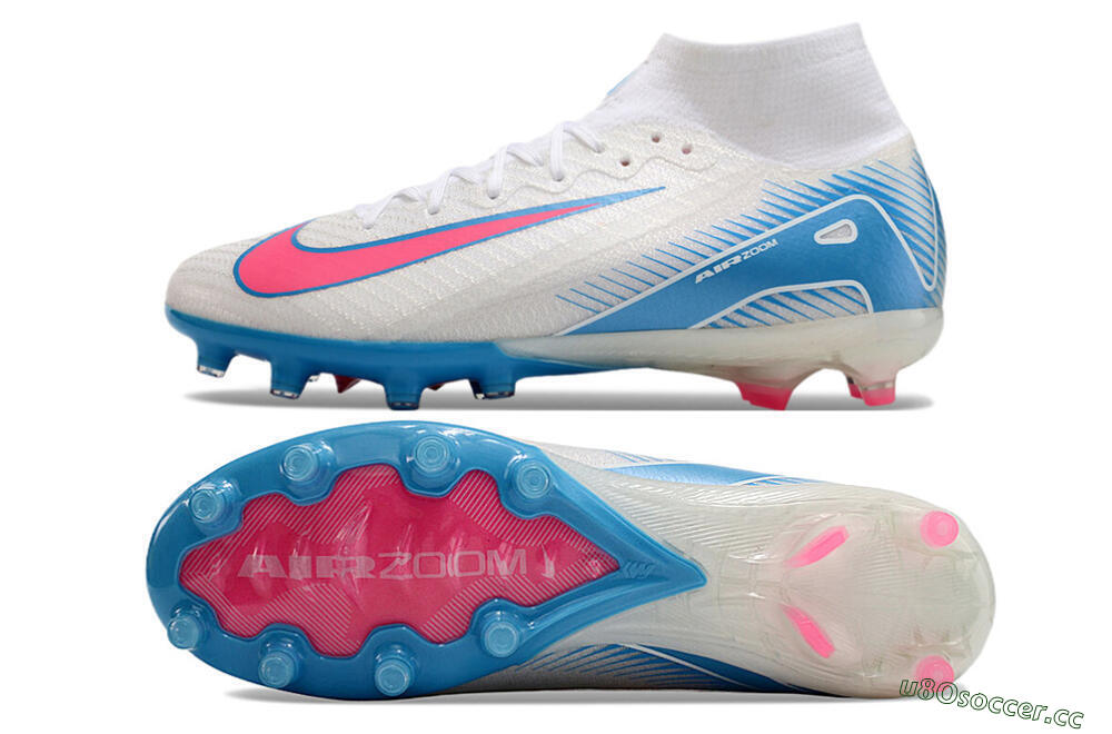 Unisex Nike Air Zoom Mercurial Superfly 10 Elite AG Artificial Grass High-Tops Football Boots - White/Pink/Blue 1