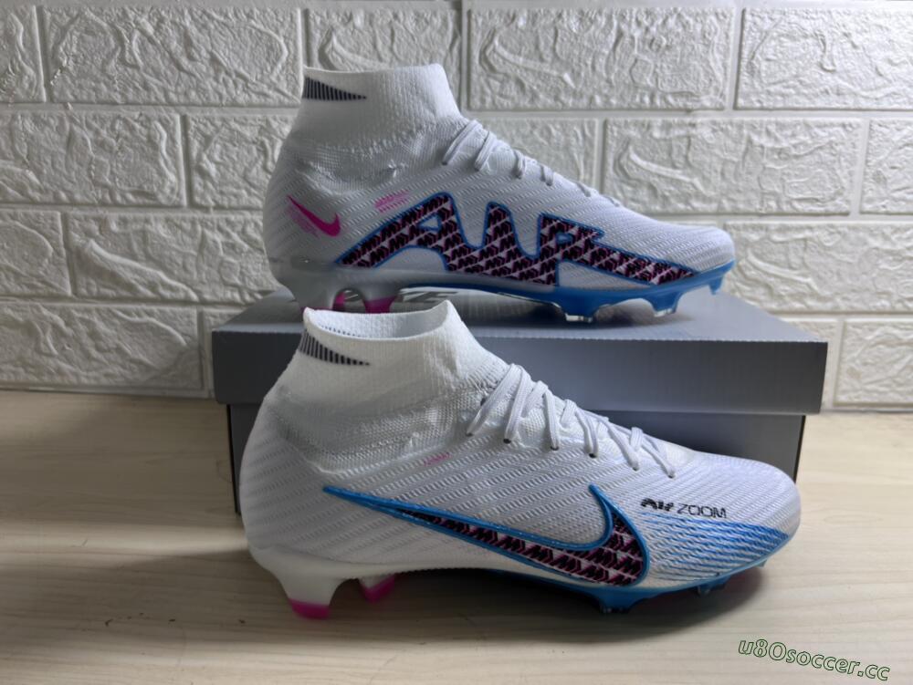 Men's Nike Air Zoom Mercurial Superfly 9 Elite FG Firm Ground High-Tops Football Boots - White/Blue/Pink