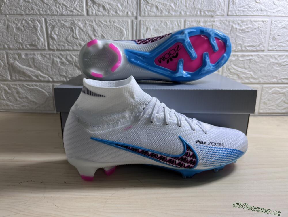Men's Nike Air Zoom Mercurial Superfly 9 Elite FG Firm Ground High-Tops Football Boots - White/Blue/Pink