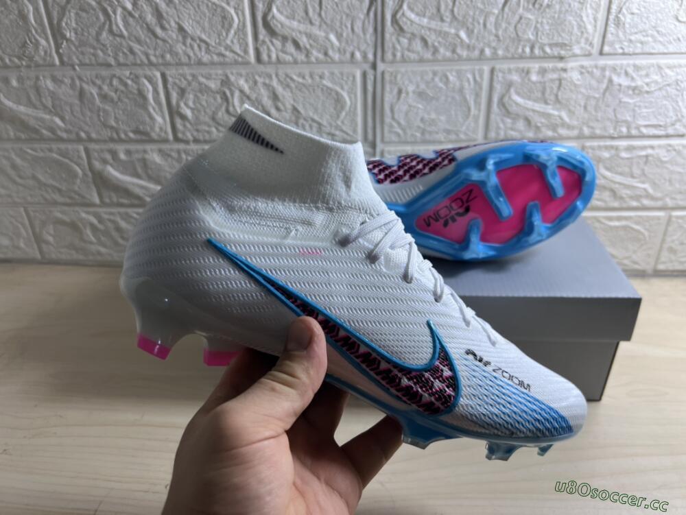 Men's Nike Air Zoom Mercurial Superfly 9 Elite FG Firm Ground High-Tops Football Boots - White/Blue/Pink