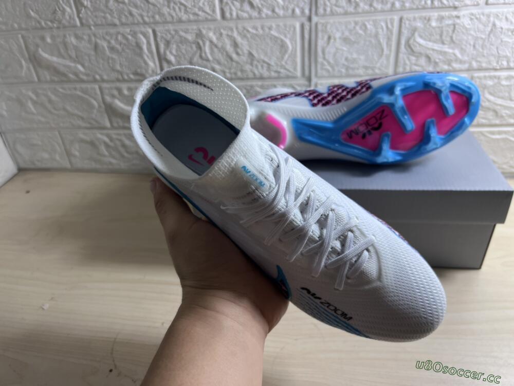 Men's Nike Air Zoom Mercurial Superfly 9 Elite FG Firm Ground High-Tops Football Boots - White/Blue/Pink