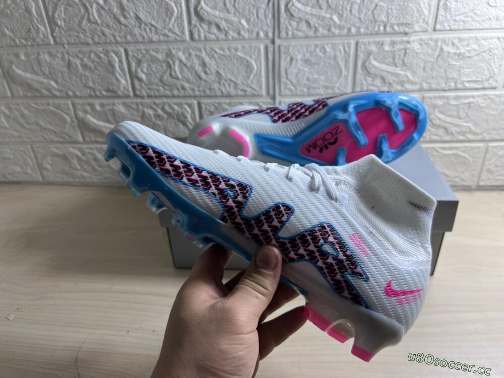 Men's Nike Air Zoom Mercurial Superfly 9 Elite FG Firm Ground High-Tops Football Boots - White/Blue/Pink
