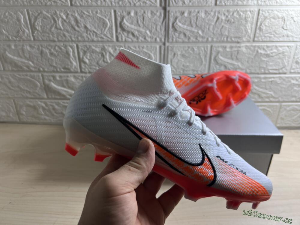 Men's Nike Air Zoom Mercurial Superfly 9 Elite FG Firm Ground High-Tops Football Boots - White/Orange/Black