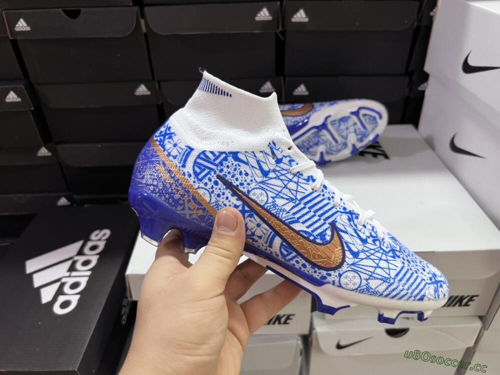 Men's Nike Air Zoom Mercurial Superfly 9 Elite FG Firm Ground High-Tops Football Boots - White/Blue/Red