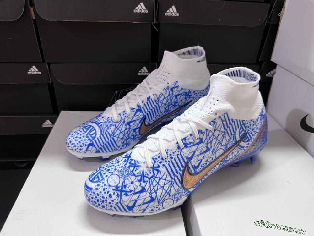 Men's Nike Air Zoom Mercurial Superfly 9 Elite FG Firm Ground High-Tops Football Boots - White/Blue/Red