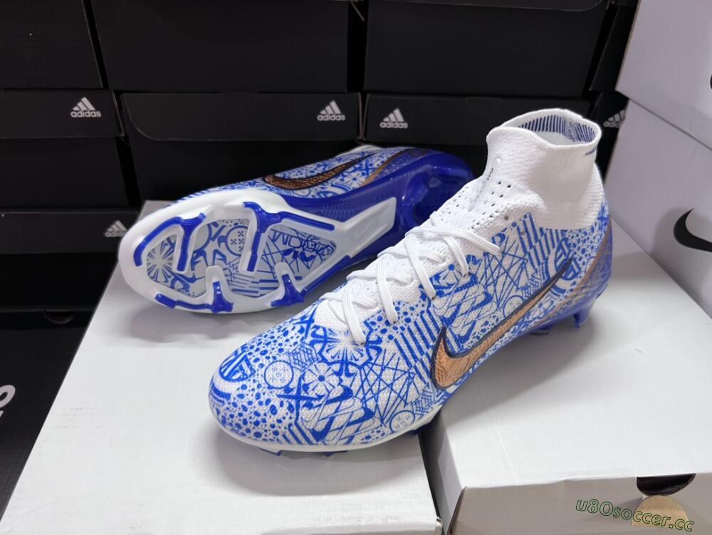 Men's Nike Air Zoom Mercurial Superfly 9 Elite FG Firm Ground High-Tops Football Boots - White/Blue/Red