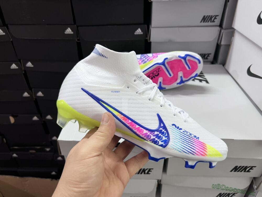 Men's Nike Air Zoom Mercurial Superfly 9 Elite FG Firm Ground High-Tops Football Boots - White/Pink/Blue