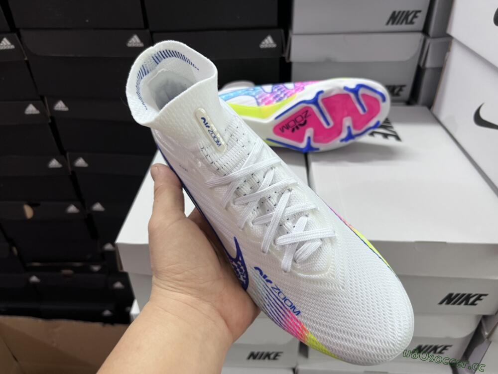 Men's Nike Air Zoom Mercurial Superfly 9 Elite FG Firm Ground High-Tops Football Boots - White/Pink/Blue