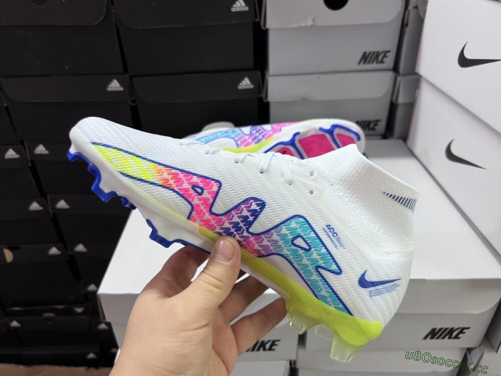Men's Nike Air Zoom Mercurial Superfly 9 Elite FG Firm Ground High-Tops Football Boots - White/Pink/Blue