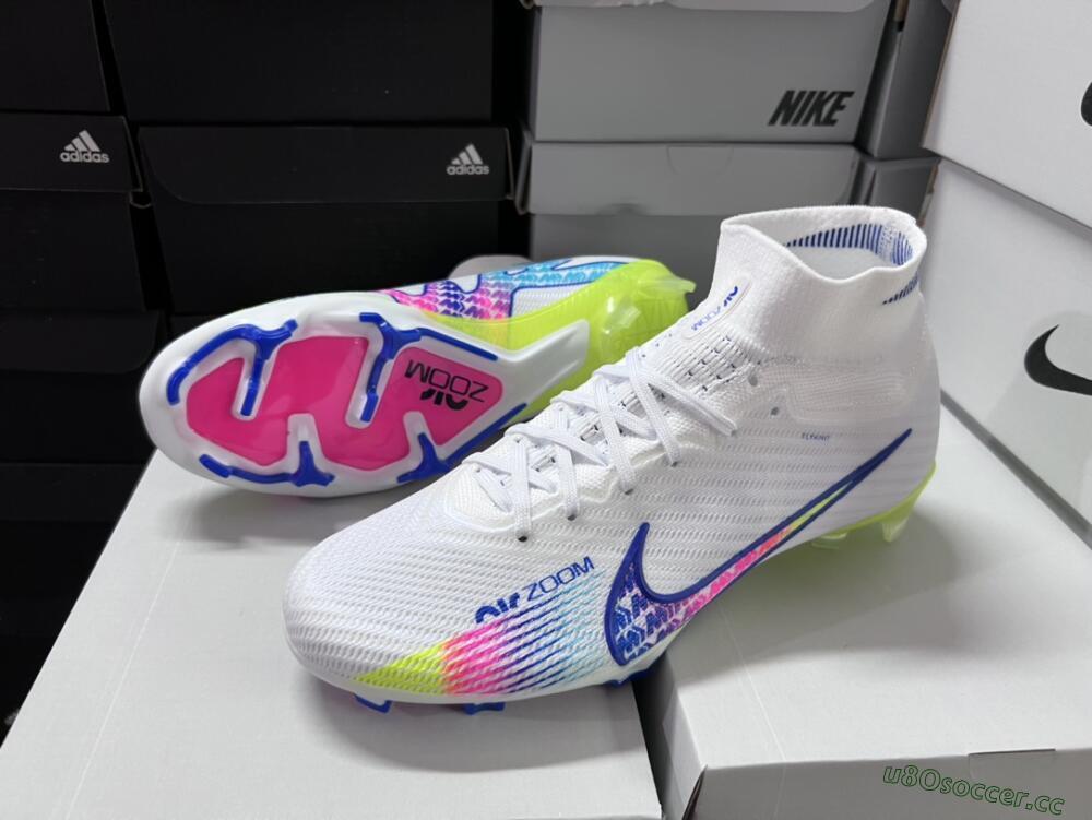 Men's Nike Air Zoom Mercurial Superfly 9 Elite FG Firm Ground High-Tops Football Boots - White/Pink/Blue