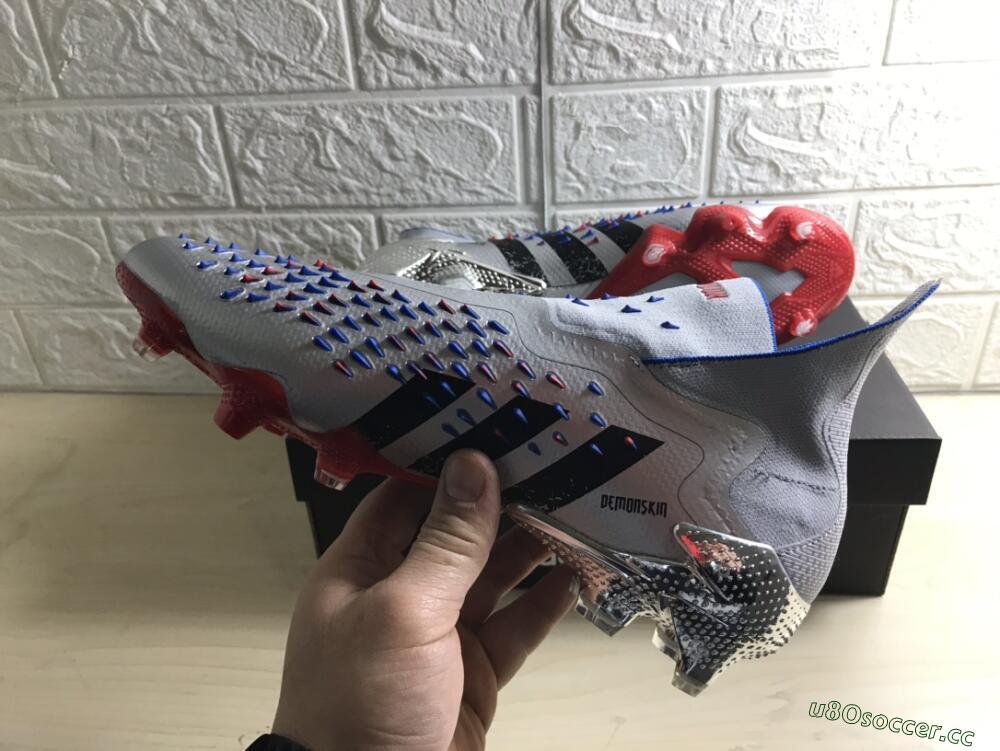 Men's Adidas Predator Freak+ FG Firm Ground High-Tops Football Boots - Silver/Black/Blue/Red