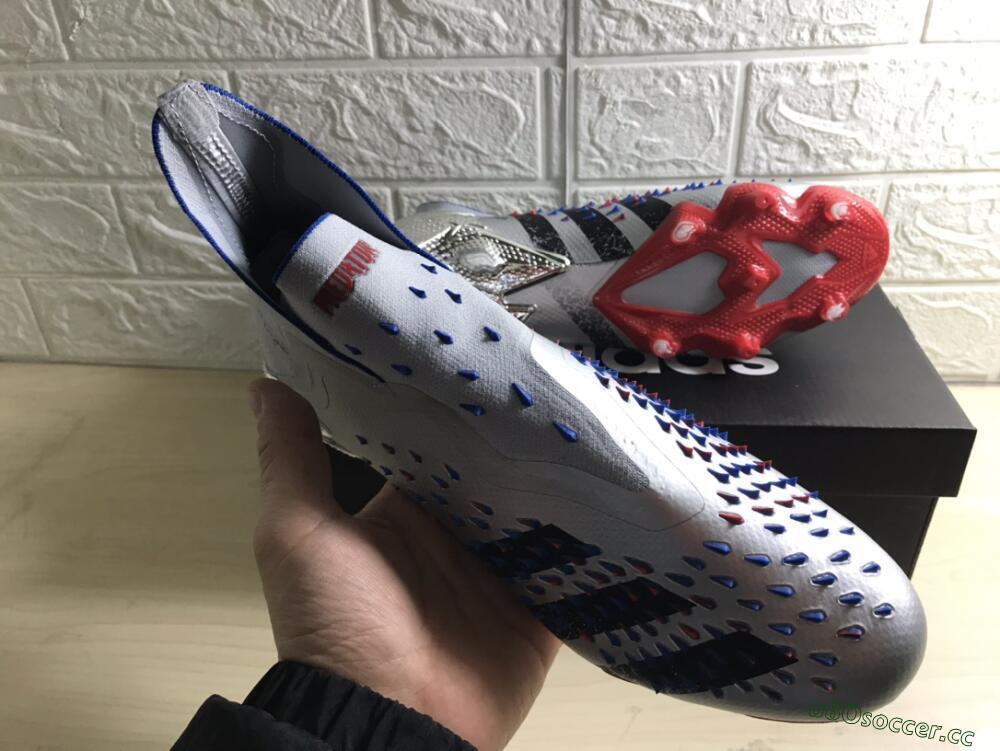Men's Adidas Predator Freak+ FG Firm Ground High-Tops Football Boots - Silver/Black/Blue/Red