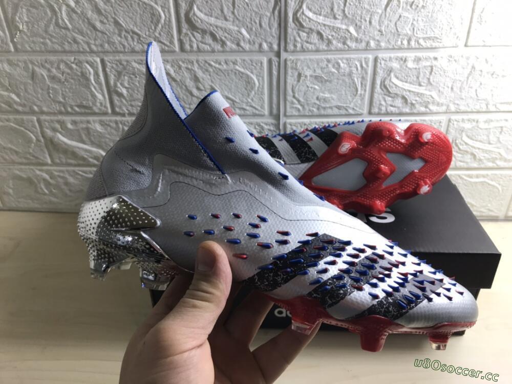 Men's Adidas Predator Freak+ FG Firm Ground High-Tops Football Boots - Silver/Black/Blue/Red