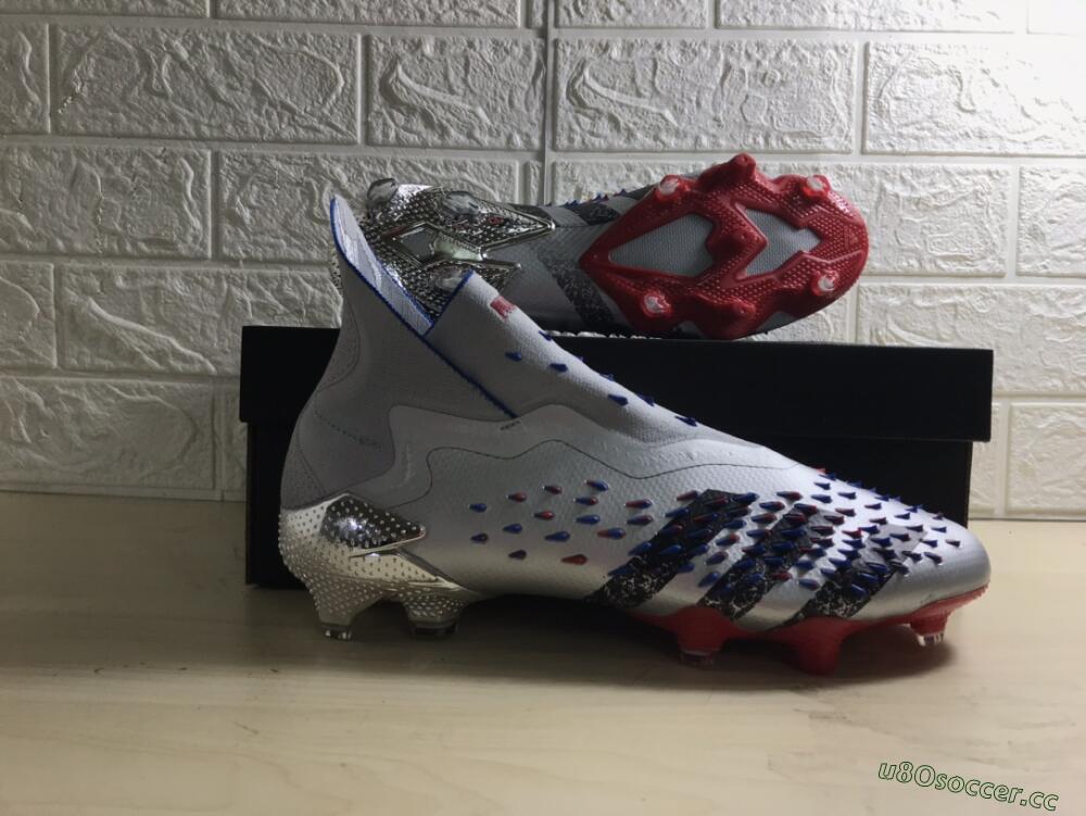 Men's Adidas Predator Freak+ FG Firm Ground High-Tops Football Boots - Silver/Black/Blue/Red