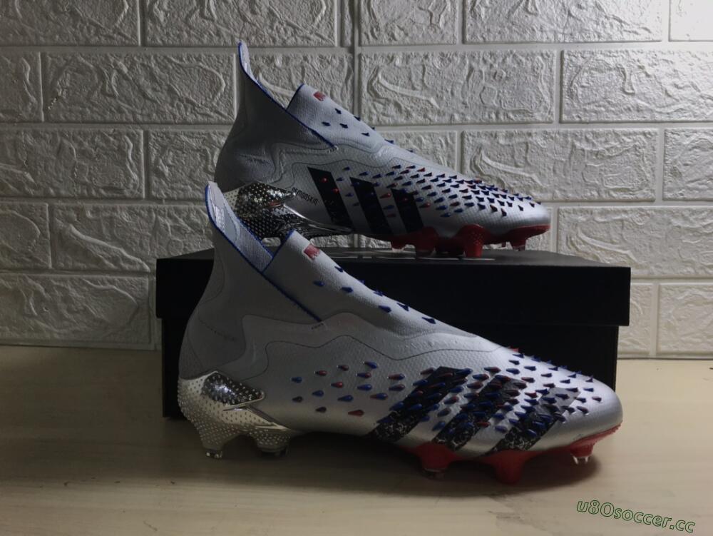 Men's Adidas Predator Freak+ FG Firm Ground High-Tops Football Boots - Silver/Black/Blue/Red