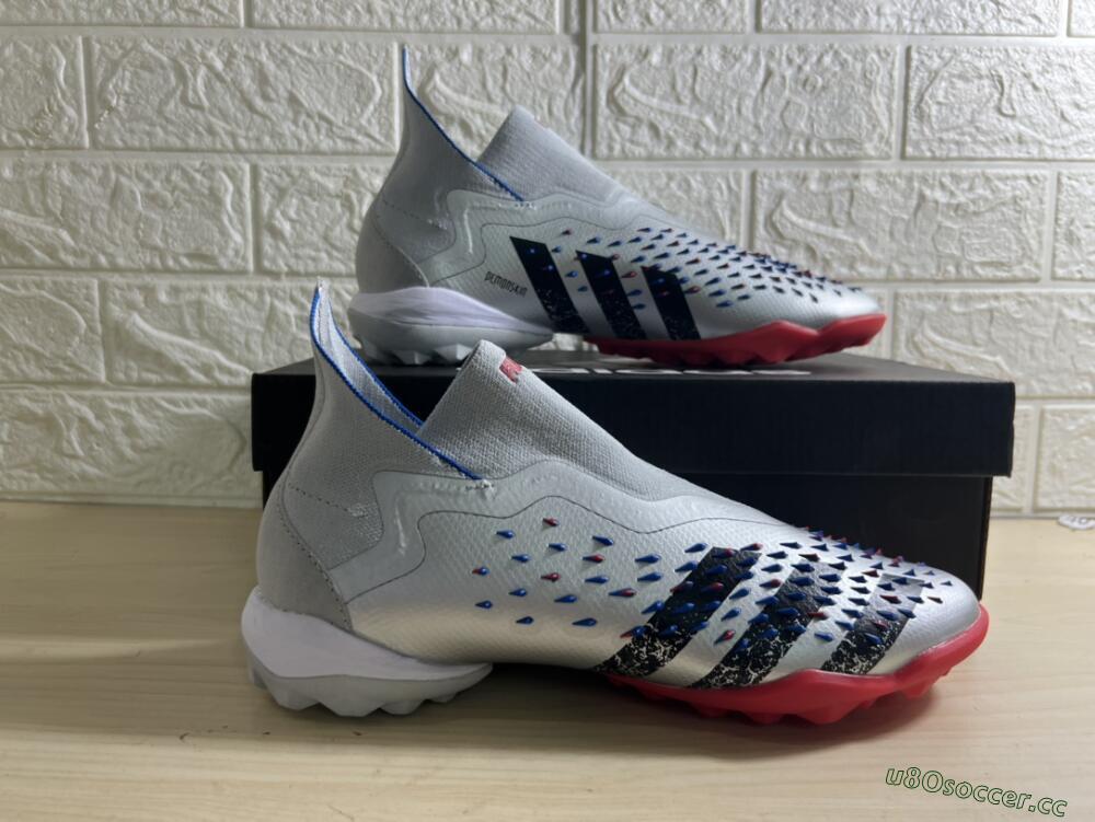 Unisex Adidas Predator Freak+ TF Artificial Turf High-Tops Football Shoes - Silver/Blue/Red