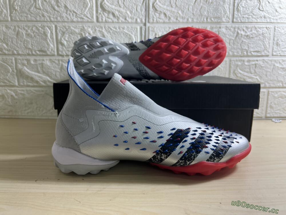 Unisex Adidas Predator Freak+ TF Artificial Turf High-Tops Football Shoes - Silver/Blue/Red