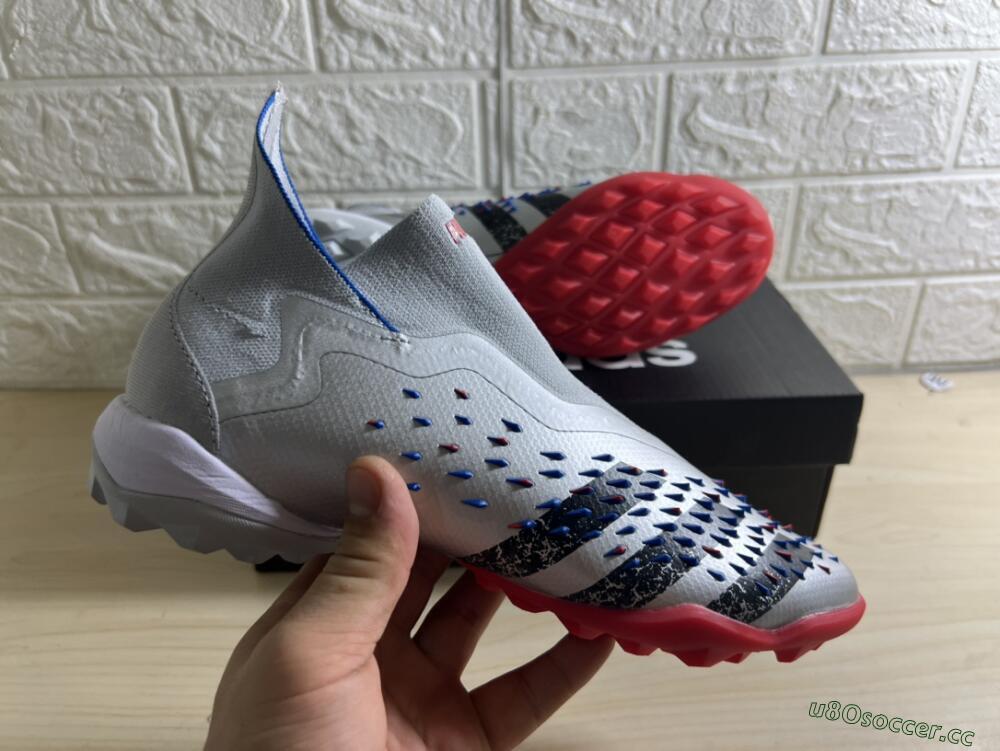 Unisex Adidas Predator Freak+ TF Artificial Turf High-Tops Football Shoes - Silver/Blue/Red