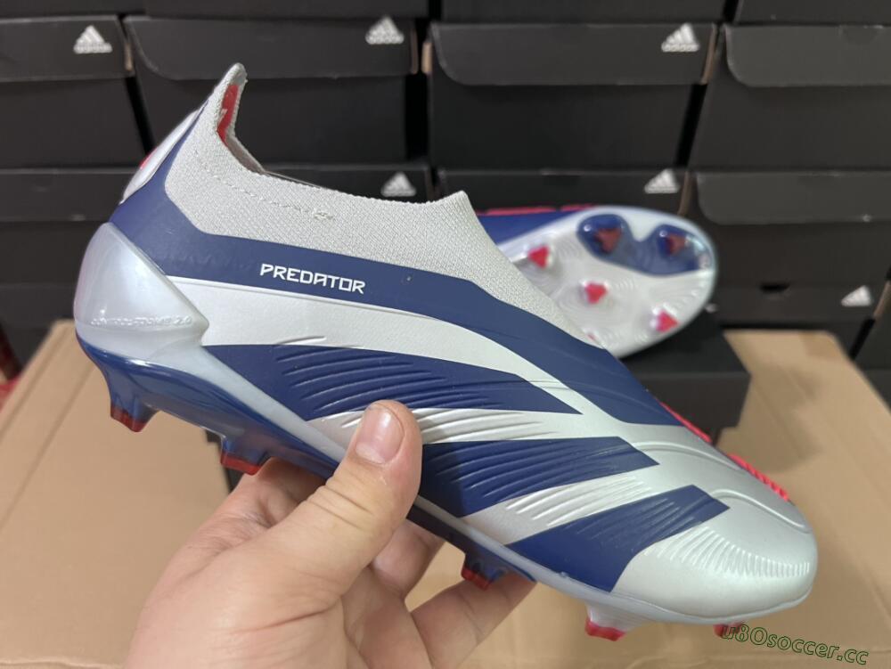 Unisex Adidas Predator Accuracy+ Laceless FG Firm Ground Low-Tops Football Boots - Silver/Blue/Red