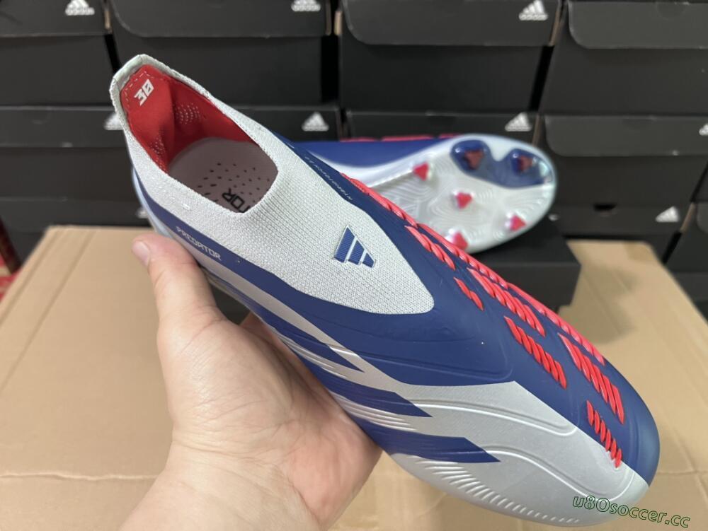 Unisex Adidas Predator Accuracy+ Laceless FG Firm Ground Low-Tops Football Boots - Silver/Blue/Red