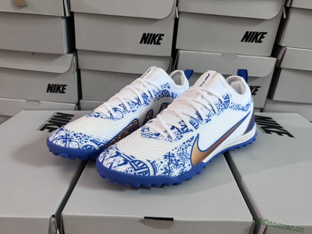 Unisex Nike Air Zoom Mercurial Vapor 15 Pro TF Artificial Turf Low-Tops Football Shoes - White/Blue/Gold