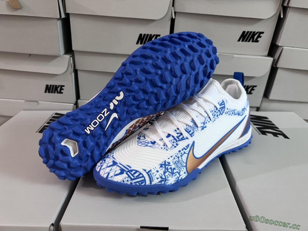 Unisex Nike Air Zoom Mercurial Vapor 15 Pro TF Artificial Turf Low-Tops Football Shoes - White/Blue/Gold