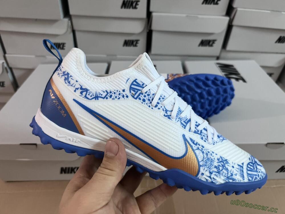 Unisex Nike Air Zoom Mercurial Vapor 15 Pro TF Artificial Turf Low-Tops Football Shoes - White/Blue/Gold