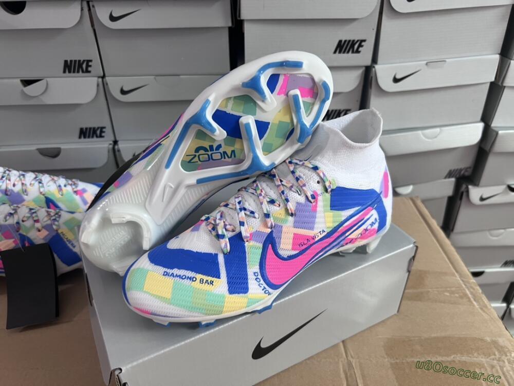 Unisex Nike Air Zoom Mercurial Superfly 9 Elite FG Firm Ground High-Tops Football Boots - White/Rainbow