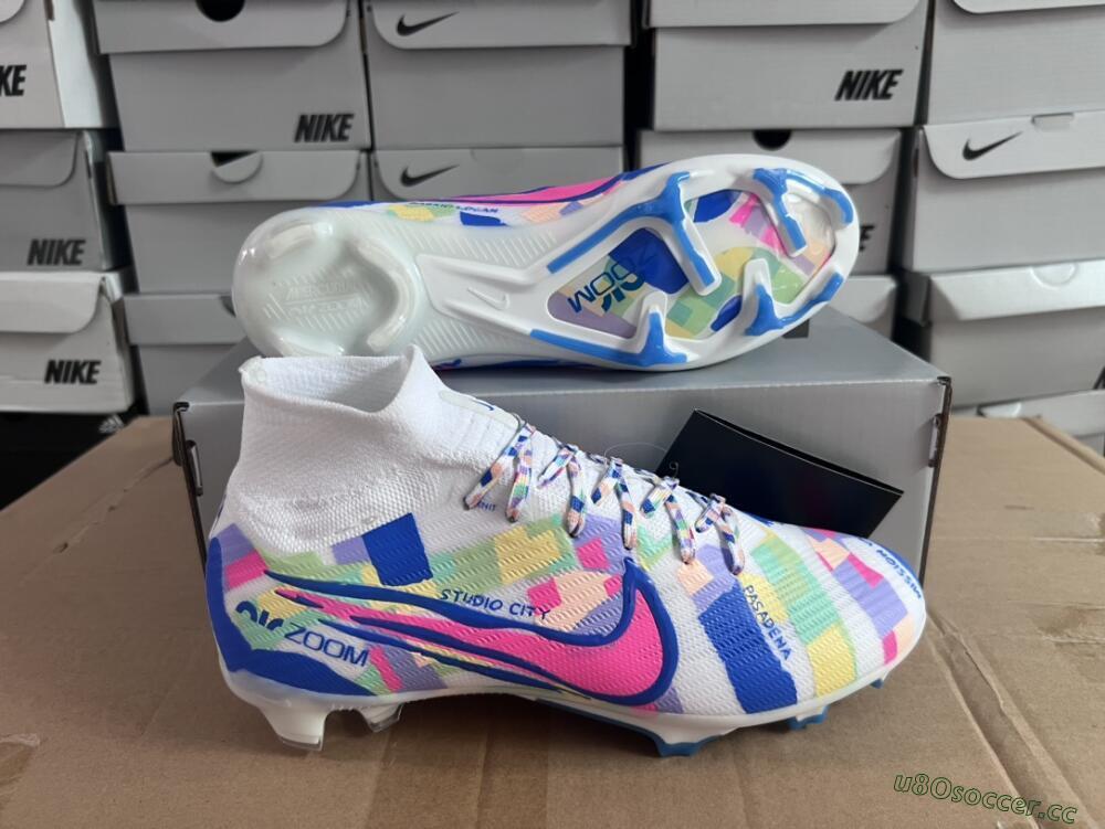 Unisex Nike Air Zoom Mercurial Superfly 9 Elite FG Firm Ground High-Tops Football Boots - White/Rainbow