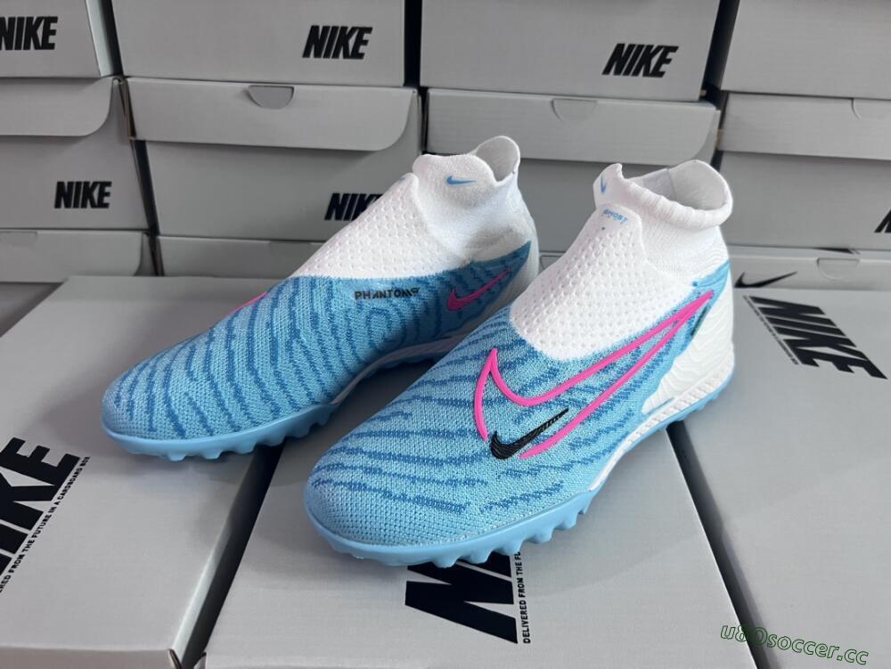 Men's Nike Phantom GX Elite DF Link TF Artificial Turf High-Tops Football Shoes - White/Blue/Pink