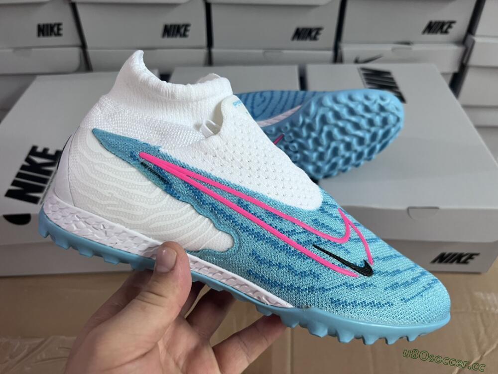 Men's Nike Phantom GX Elite DF Link TF Artificial Turf High-Tops Football Shoes - White/Blue/Pink